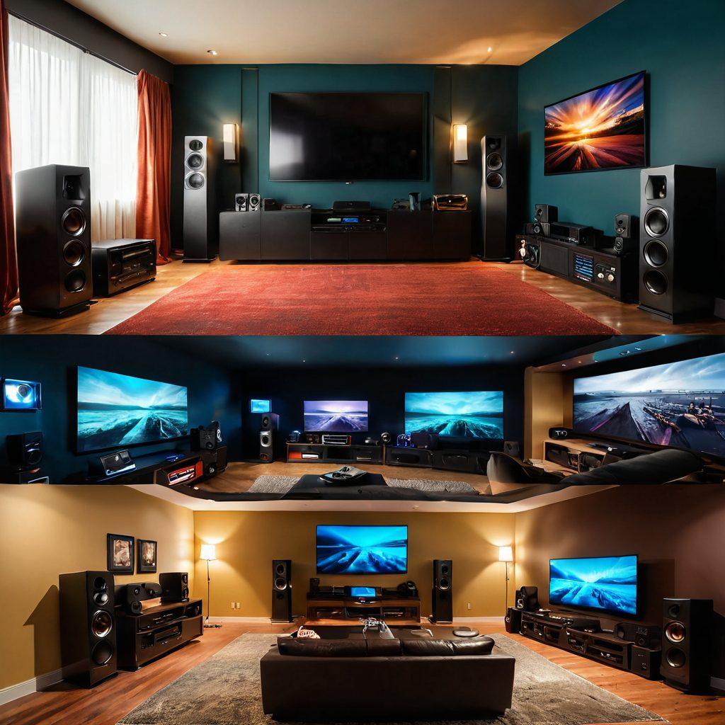 A captivating collage showcasing the evolution of AV technology, featuring a cozy home theater setup on one side, contrasted with a high-tech professional film production on the other. Include elements like vintage audio equipment, modern 4K projectors, and sleek cameras. The background should blend into vibrant waves of sound and light, symbolizing the technological advancements in audio and visual entertainment. super-realistic. vibrant colors. 3D.