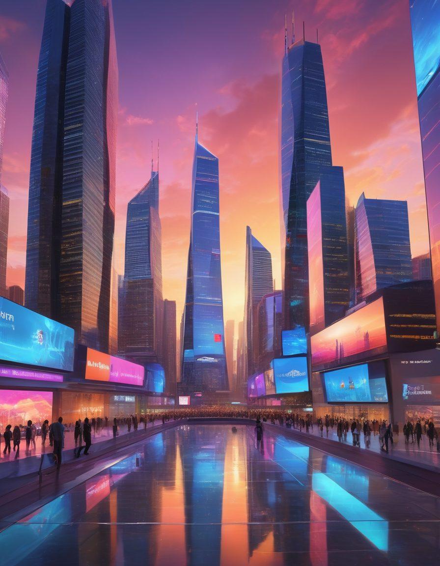 A futuristic cityscape showcasing advanced audio-visual technology, with holographic displays and drones flying above. People interacting with immersive screens and augmented reality interfaces, reflecting excitement and innovation. The skyline is filled with sleek, modern buildings that emit colorful lights, symbolizing the evolution of AV solutions. A vibrant sunset casts a glow over the scene, highlighting the merger of technology and daily life. super-realistic. vibrant colors. 3D.