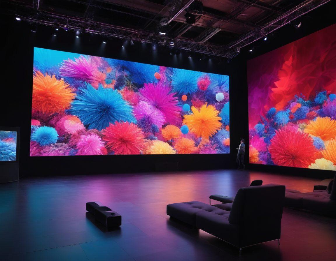 A captivating scene showcasing a modern event space filled with high-tech audio-visual equipment, including large screens displaying vivid multimedia content, various speakers seamlessly integrated, and professionals collaborating to create an immersive experience. The background should feature guests interacting with the multimedia displays, illustrating engagement and excitement. The overall atmosphere is lively and dynamic, emphasizing innovation in AV integration. vibrant colors. super-realistic.